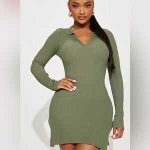 Fashion Nova Sage Green Long Sleeve Dress